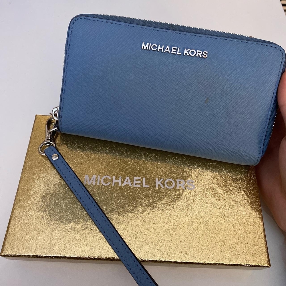 Michael Kors Light Blue Wristlet with Silver Accents